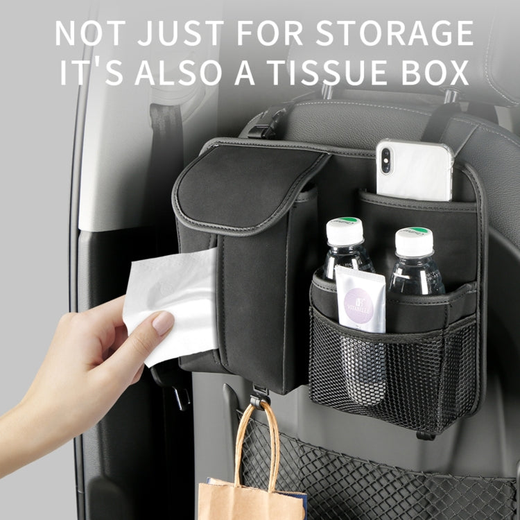 Black car seat back organizer bag with front pouch, mesh pocket, and tissue box