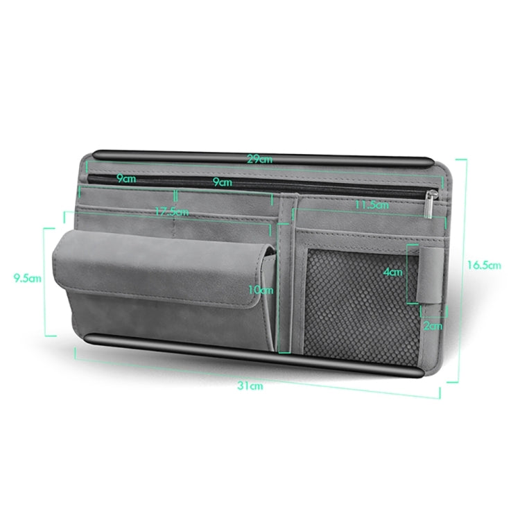 Gray car visor storage pouch with front pockets and mesh panel, size layout shown