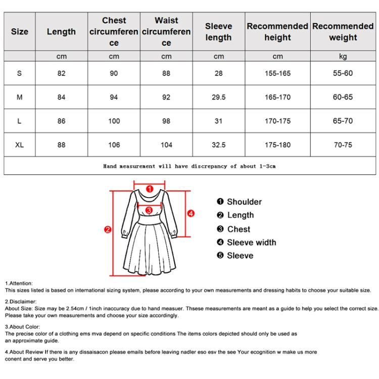 Women's nightdress size chart with measurements for S to XL