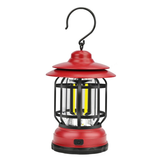 Red hanging camping lantern with clear glass sides and hanging hook