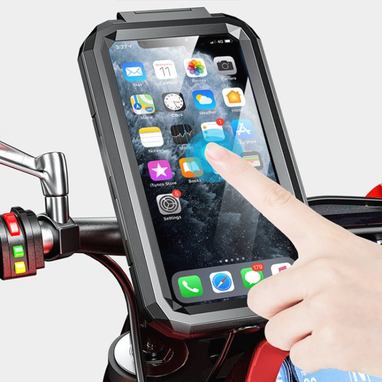 Waterproof phone holder with touchscreen phone in case; hand interacting, front view
