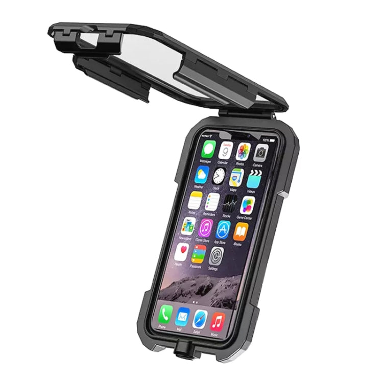 Black waterproof smartphone holder with wireless charging cradle and screen window
