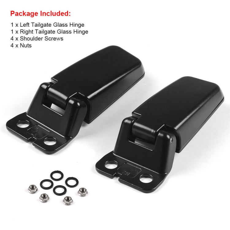 Pair of black rear tailgate window glass hinges with screws, nuts, and washers