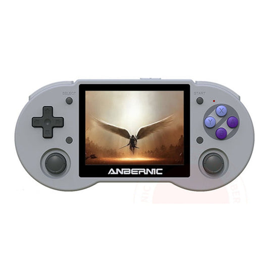 Grey handheld game console with 3.5-inch touchscreen and purple button accents