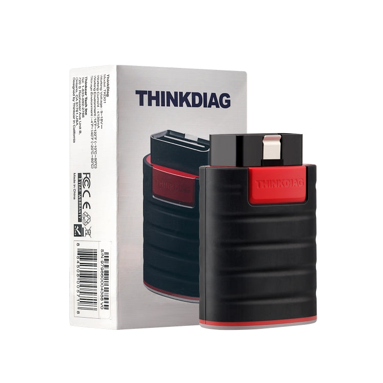 OBD2 scanner with product box, black body with red logo panel