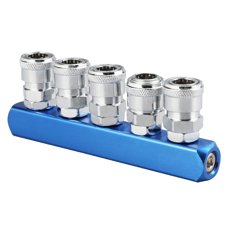Blue pneumatic manifold with six self-locking push-in fittings