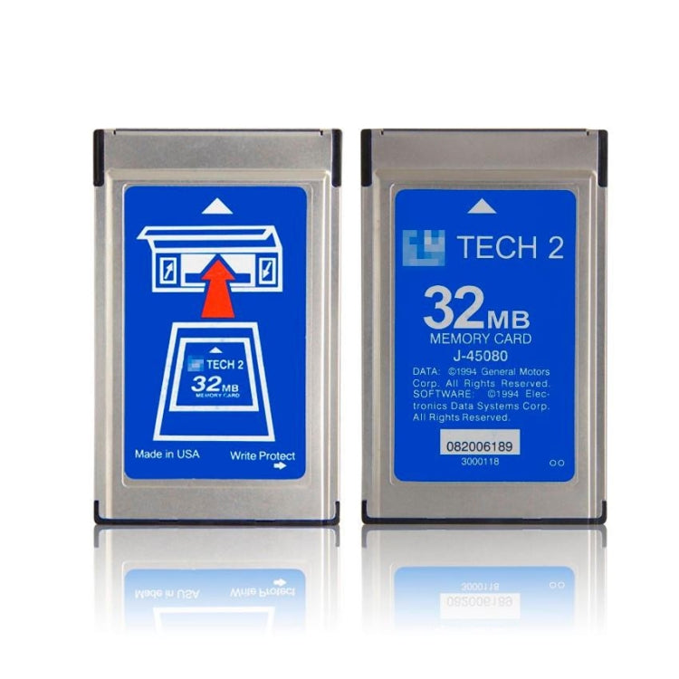 GM Tech 2 32MB memory card, front and back labels in blue and silver housing