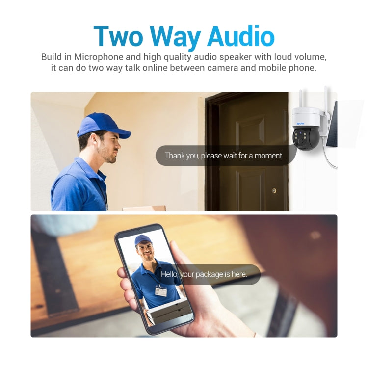 Two-way audio security camera infographic with delivery person and smartphone screen