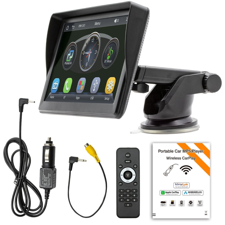 Car multimedia touchscreen radio kit with cables and remote control, black