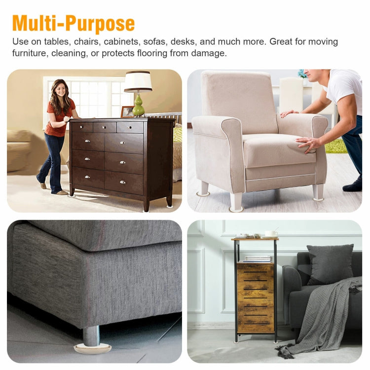 Round furniture leg pads protecting sofa and cabinet corners on floors during moving