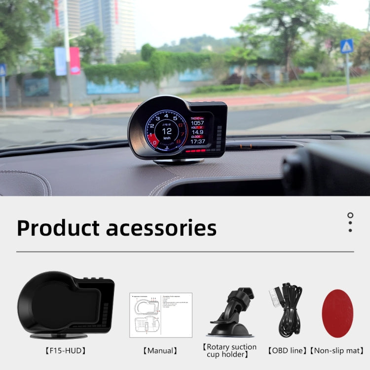 Car HUD accessories: black display, manual, rotating suction mount, OBD cable, mat
