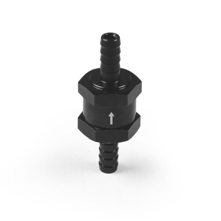 Black one-way fuel check valve with hex cap and barbed connector