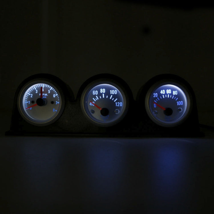 3-in-1 car gauge set with blue-lit 52mm dials on black bracket, tachometer and gauges