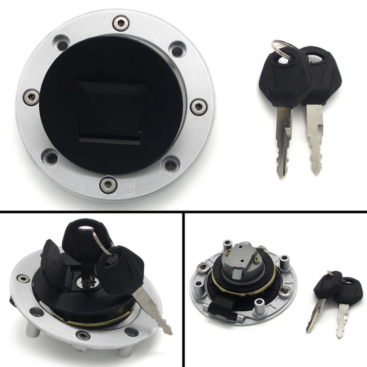 Motorcycle fuel tank cap lock set: silver cap with black insert and two keys