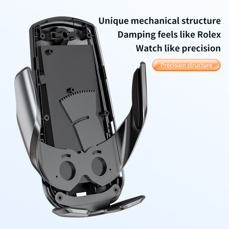 Black wireless car phone charger mount shown with open internal bracket frame
