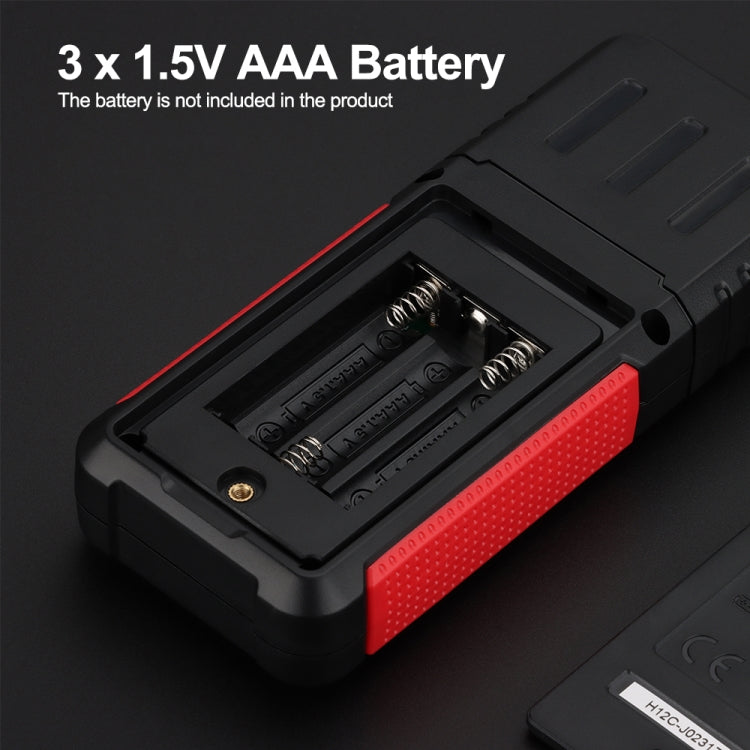 Digital decibel tester with open battery compartment for 3 AAA batteries