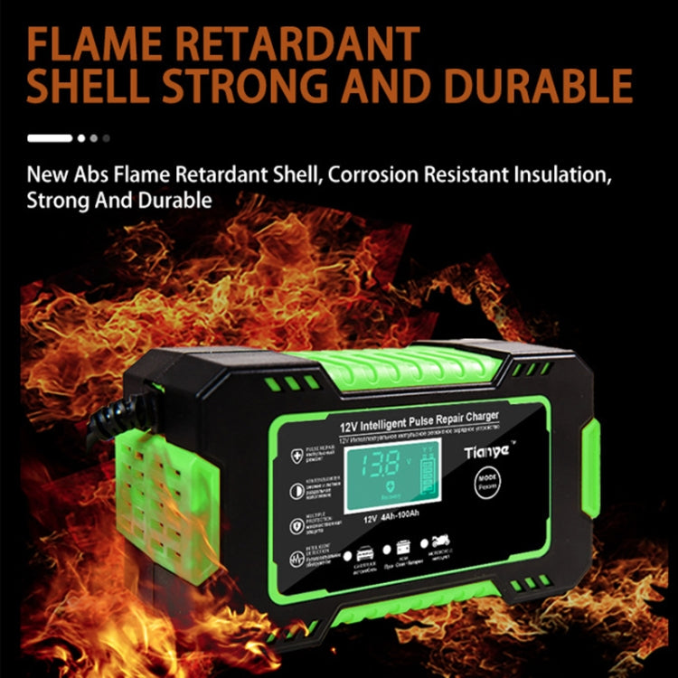 Black and green smart battery charger with LCD screen and attached cables