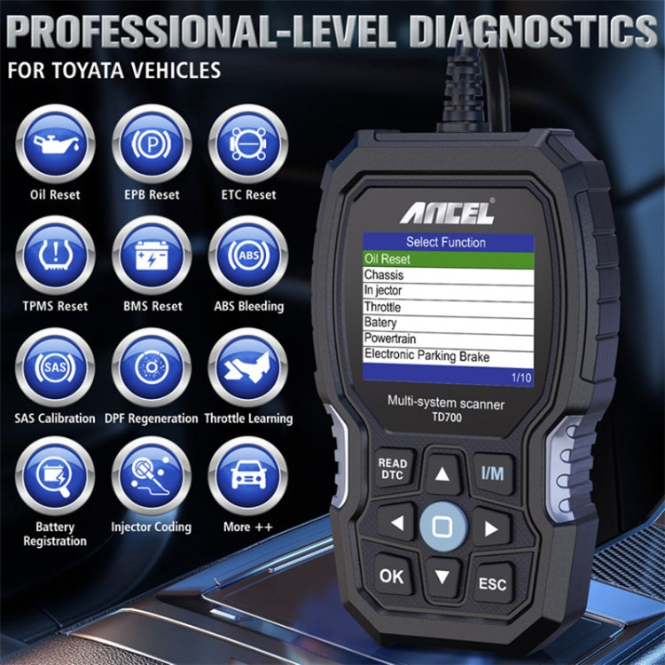 Handheld Ancel diagnostic scanner with Select Function menu and control buttons