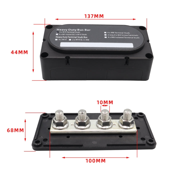 Black busbar module with M10 stud screws; 137x44x68mm size shown