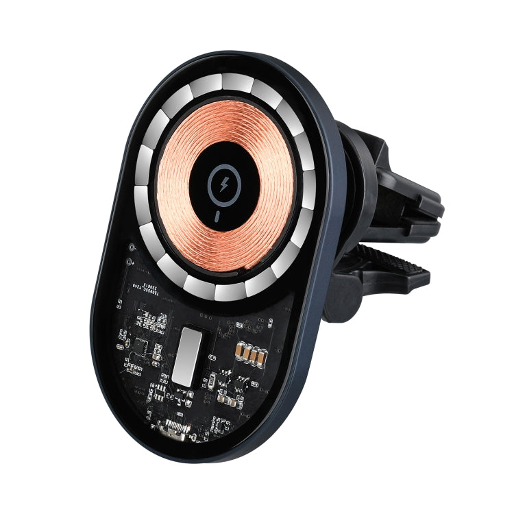 Close-up vent-mounted charger with transparent copper coil in black housing