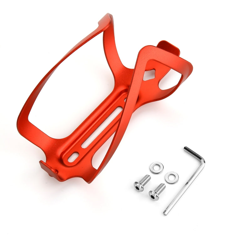 Red aluminum bottle cage with mounting hardware: bolts, washers, and hex key.