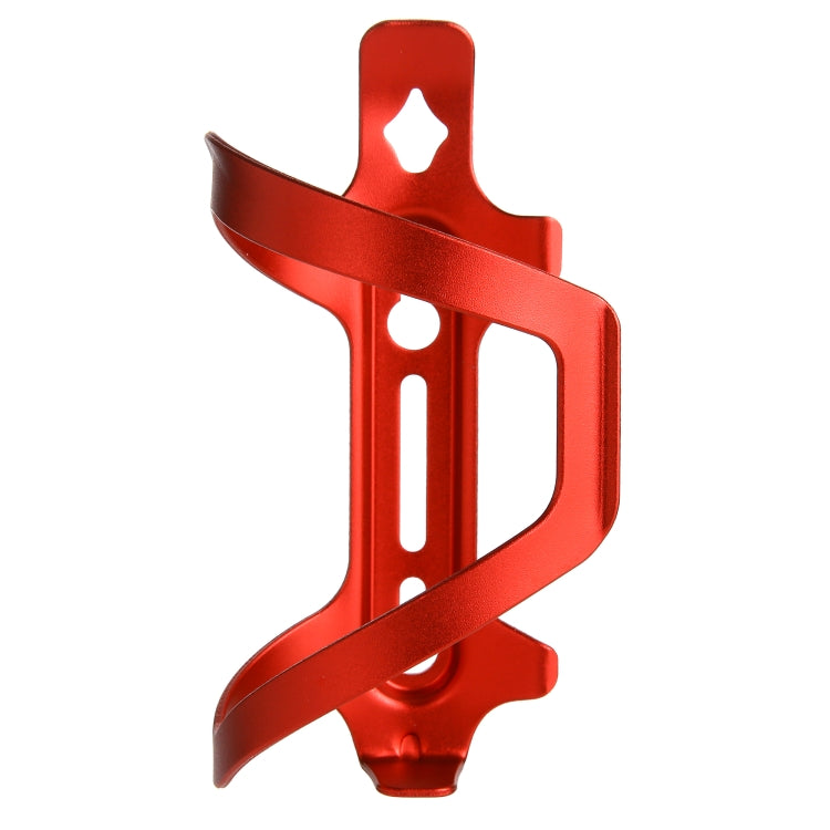 Red aluminum bike bottle cage holder, front view with mounting holes.