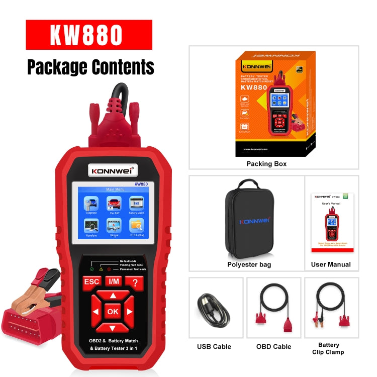 KONNWEI KW880 kit: red scanner, battery clamp leads, USB/OBD cables, manual, storage bag