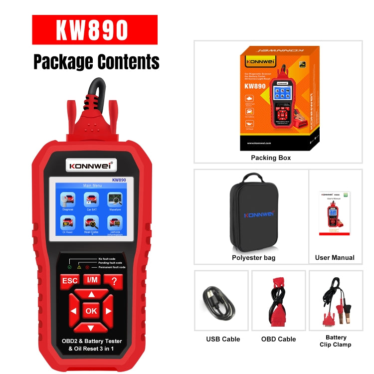 Red OBD2 scanner with accessories: pouch, USB cable, OBD cable, and battery clips.
