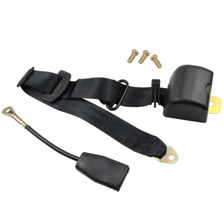 Black three-point seat belt webbing with metal anchor, end buckle, and mounting hardware