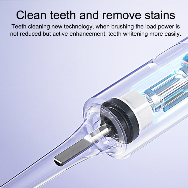 Transparent view of electric toothbrush handle with charging core and bristle head.