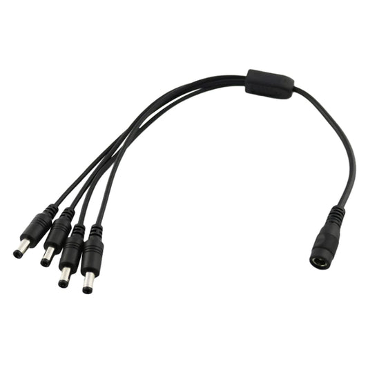 Black DC power extension cable with one cable end and multiple plug connectors, bundled.