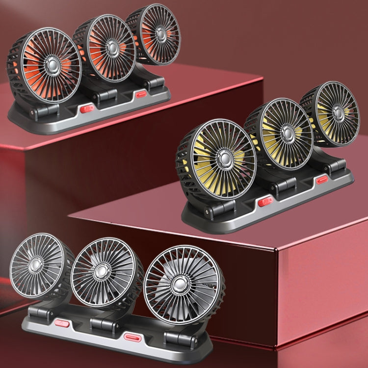 Three-head rotating car fan shown in multiple positions, black and orange