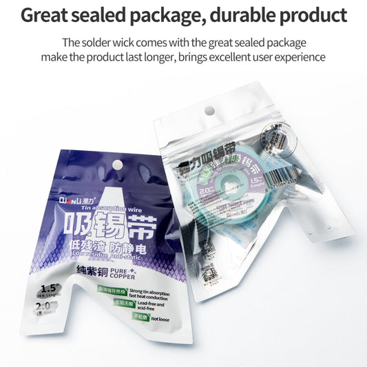 QianLi solder wick wire with two sealed pouches and light blue spool