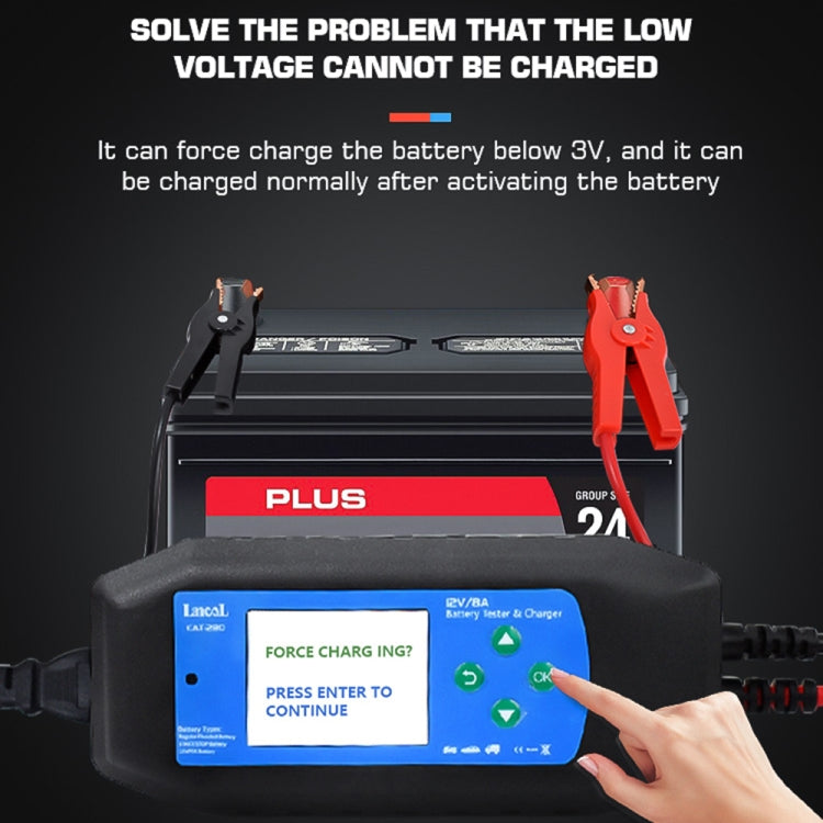 Battery charger and tester with color display and alligator clamps on car battery