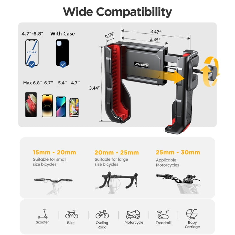 Adjustable bicycle phone mount with wide-fit clamp and black-and-red phone holder