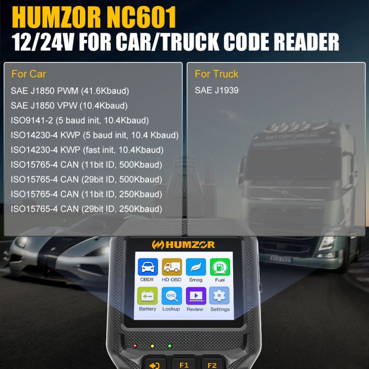 Handheld OBD2 scan tool with color LCD screen, compact black body and orange side grips