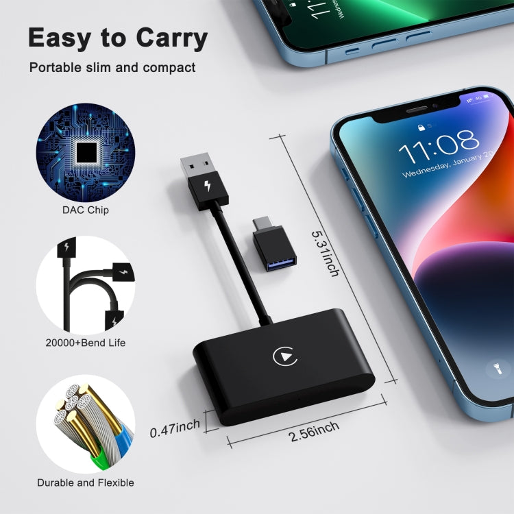 Compact black CarPlay wireless adapter dongle with USB connectors and phone