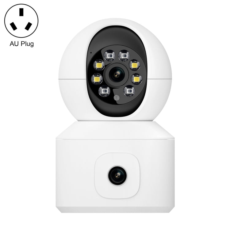 White dual-lens WiFi security camera with AU plug, dome top and front lens