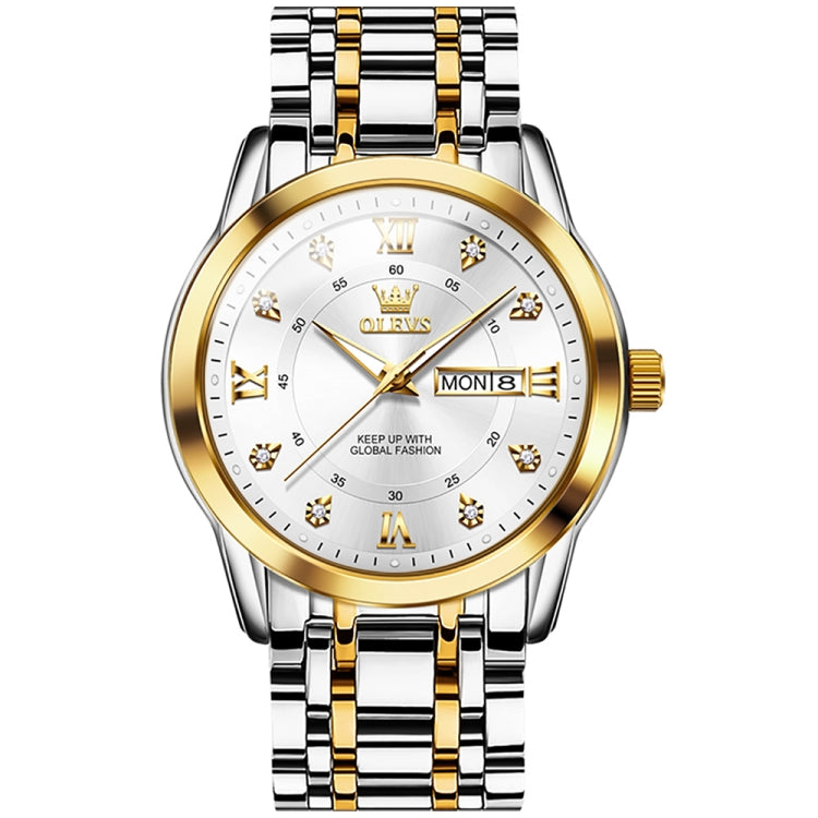 Men's quartz wristwatch with white dial, gold bezel, gold-and-silver metal bracelet