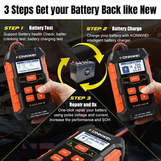 KONNWEI KW520 12V / 24V 3 in 1 Car Battery Tester with Detection & Repair & Charging Function, KW520