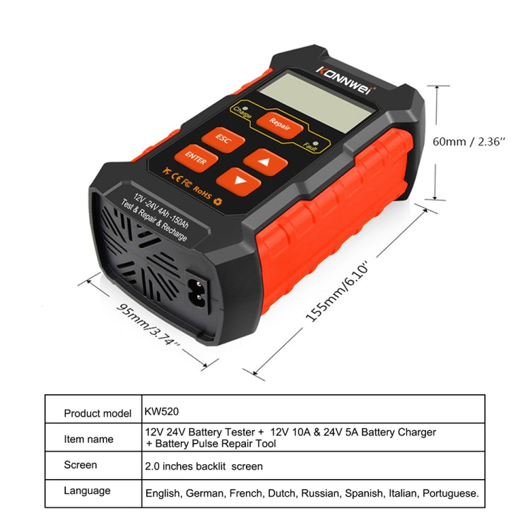 12V/24V battery tester with compact body, LCD screen, and size measurements