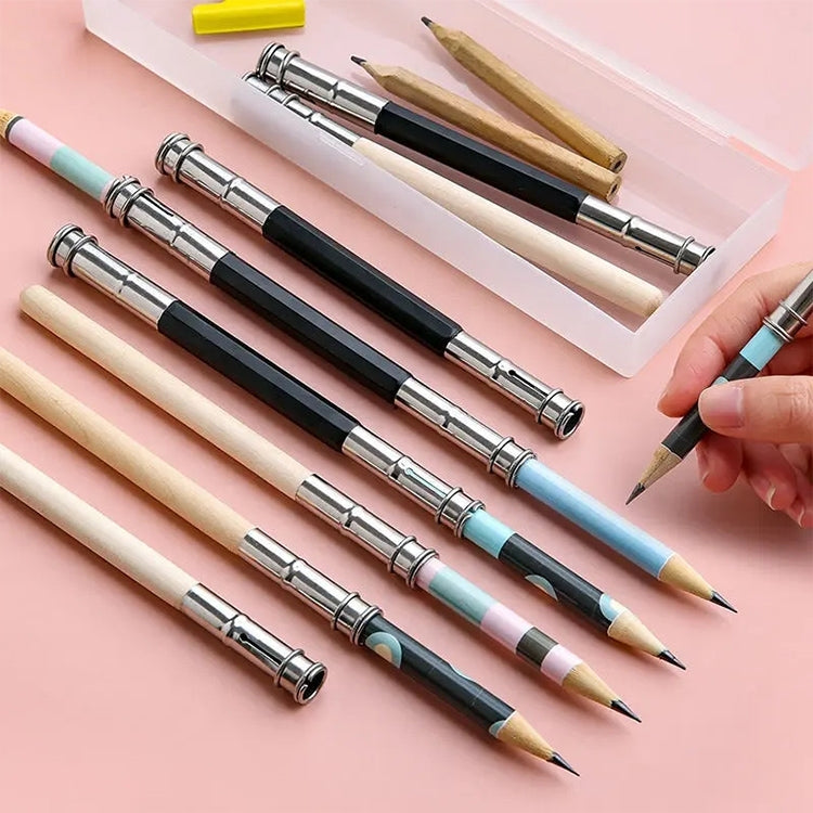 Multiple pencil extenders in a tray, with wood shafts and silver connector rings