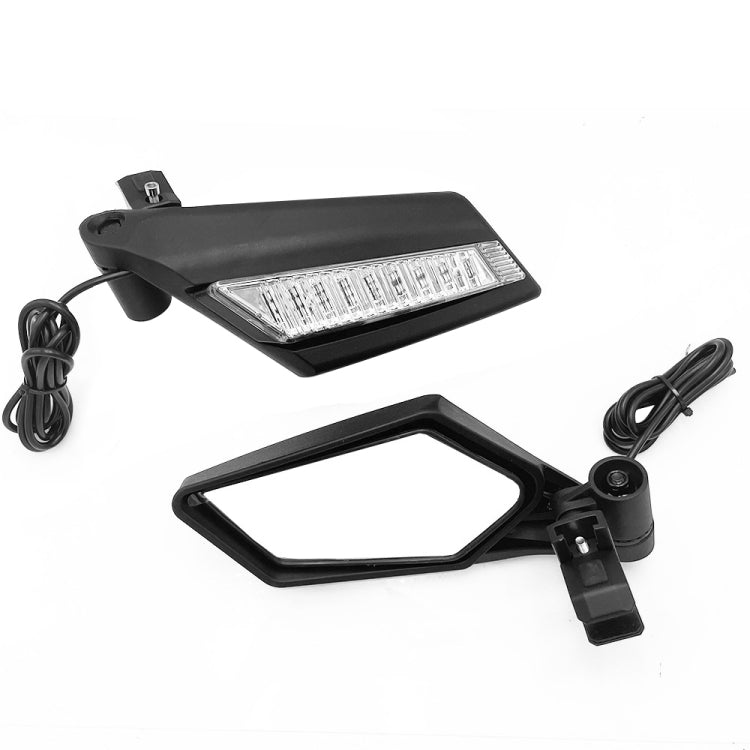 UTV rearview mirrors with black housings, one has a rectangular LED light bar