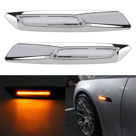 Pair of chrome LED fender side lights with amber glowing strip, clear rectangular lens