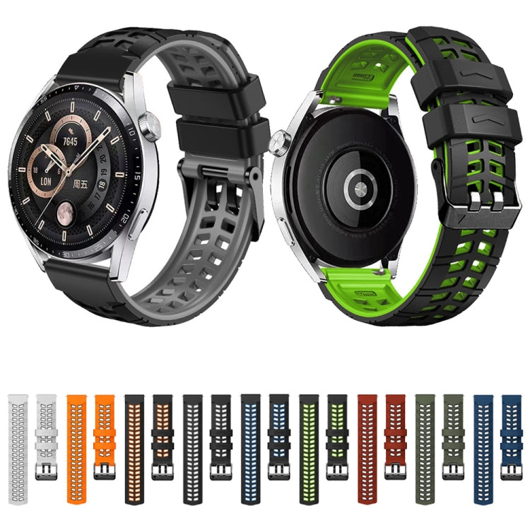 22mm double-row hole two-color silicone watch band, black with green accents
