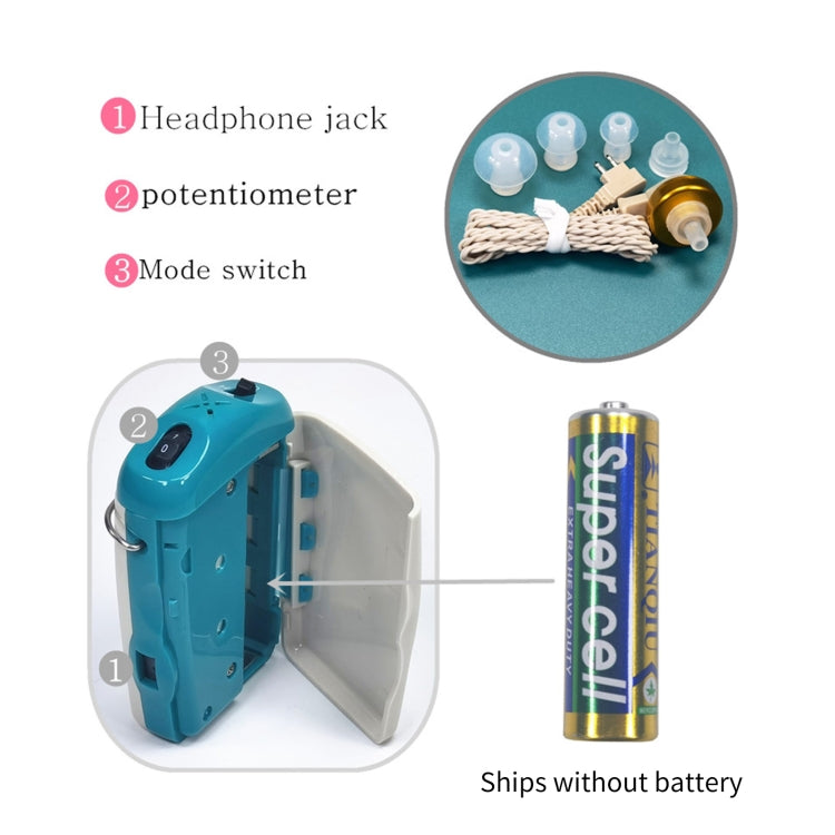 KAIXINWEI F-18 hearing aid controls with cable and AA battery shown