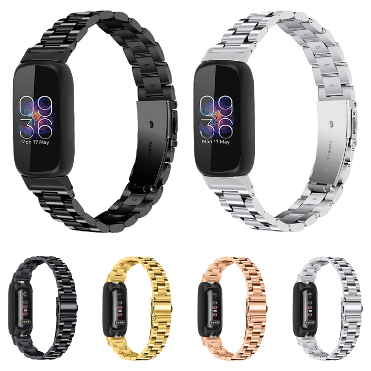 Four-color stainless steel watch bands: black, silver, gold, and rose gold with clasp