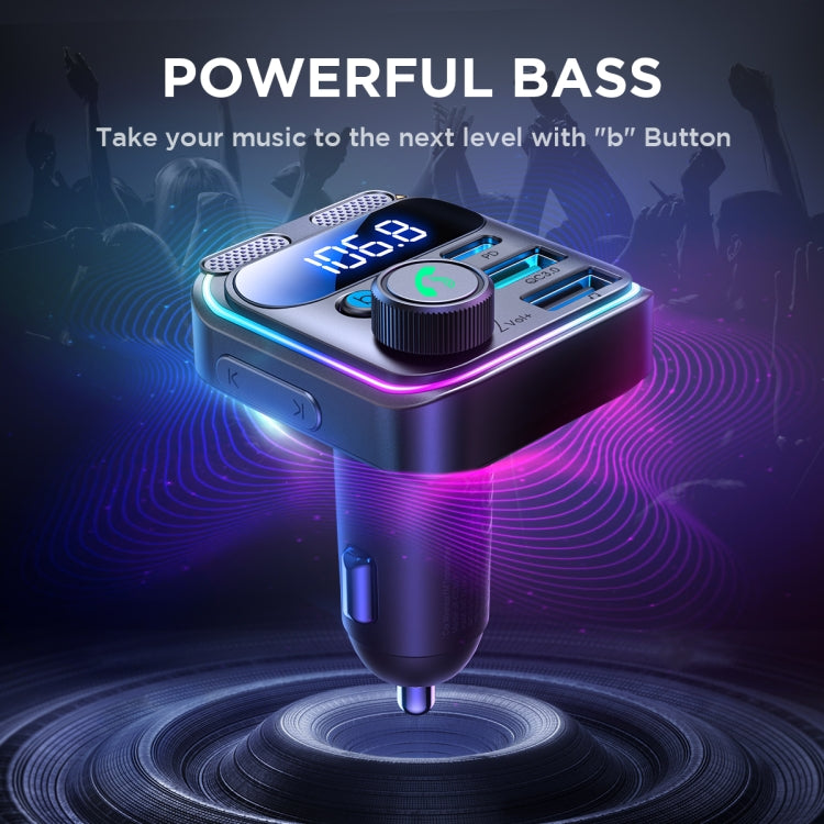 Car wireless FM transmitter with dual mics and glowing LED ring over bass wave graphic
