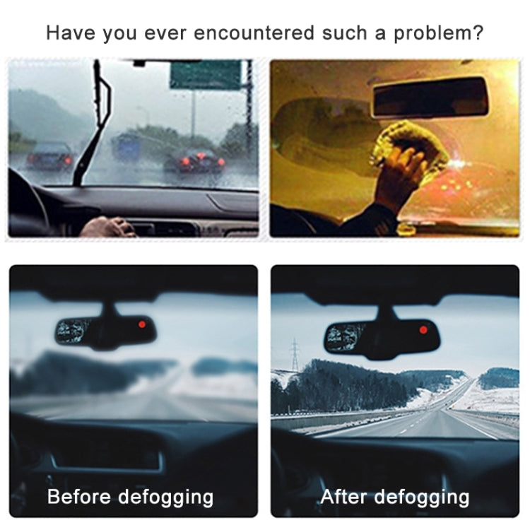Car windshield defogging before-and-after graphic showing reduced fog after treatment
