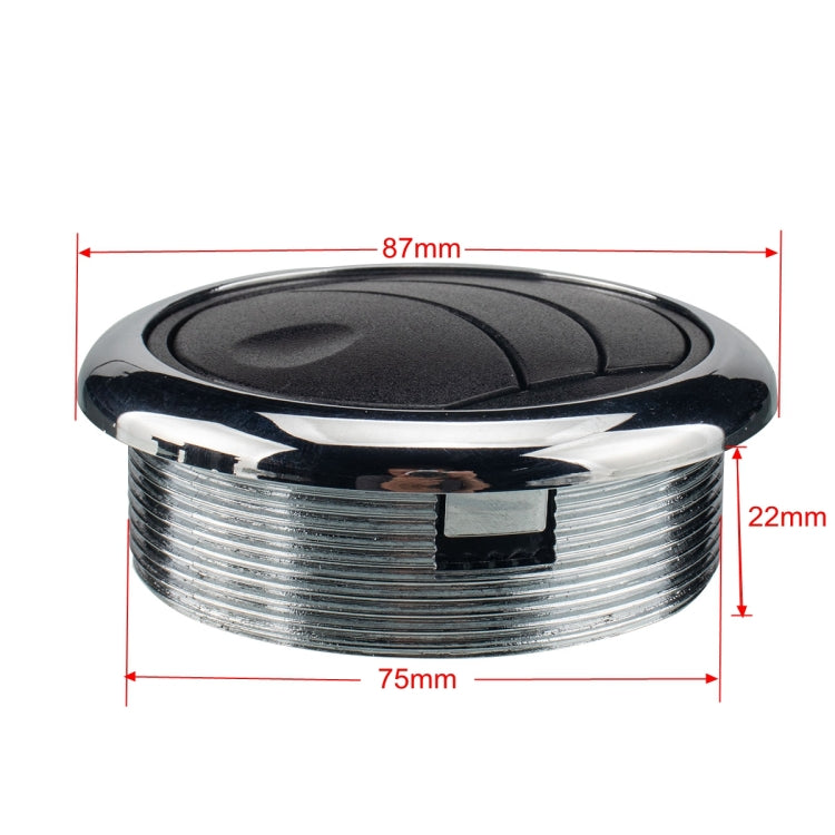 AC air outlet vent dimensions: 75mm dia, 22mm height; black knob and chrome trim